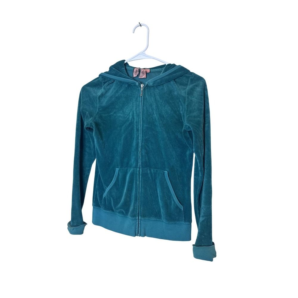 Juicy Couture Hoodie Sweatshirt Womens Small Green Velour Zip Crest‎ Graphic Y2K